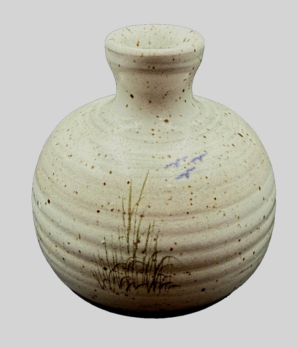 Signed Studio Art Pottery Bud Weed Vase Seagulls Sea Grass Nautical Coastal Vtg